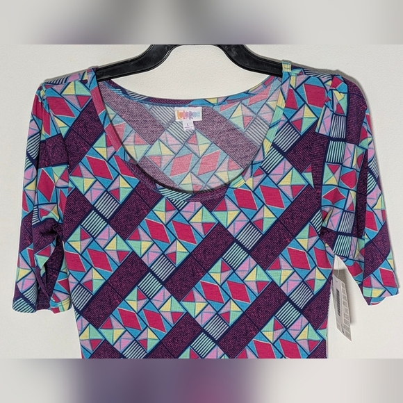LULAROE New Nicole Dress Sz L Pink Blue Yellow Geometric Stretch Spandex Knit - Picture 2 of 10